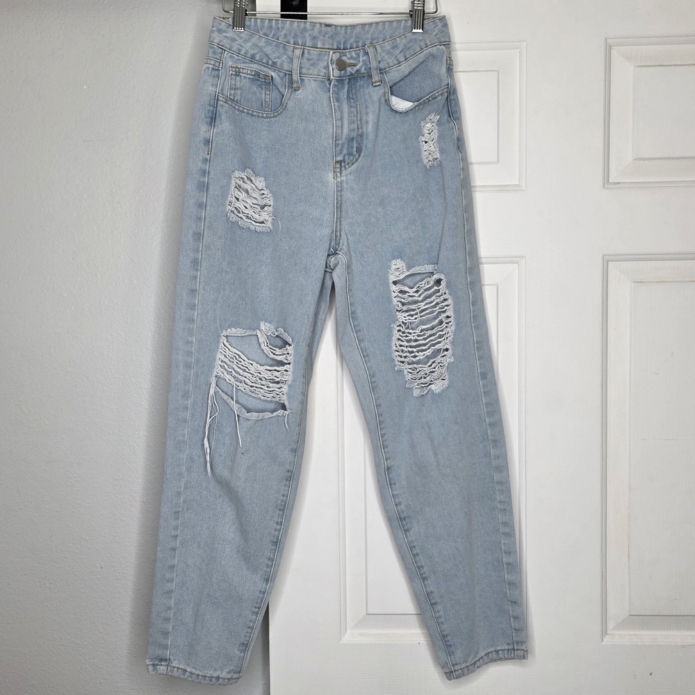 SHEIN Women's Size 4 Mom Jeans Light Wash High Rise Distressed 5-Pocket